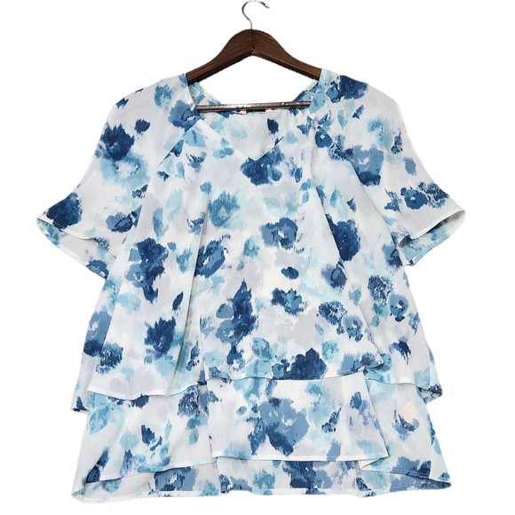 Juicy Couture Layered Ruffled V-Neck White/Blue Cold Shoulder Flowy Top XXL - Picture 2 of 9